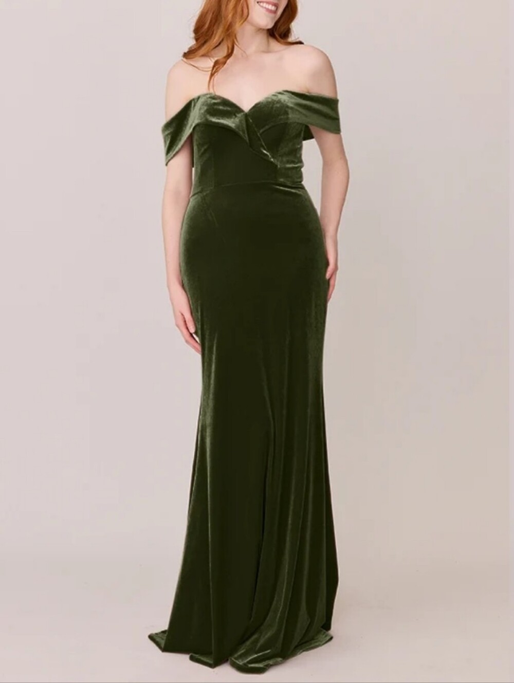 Retro Bardot Olive Green Off-Shoulder Velvet  Fitted Full Length Evening Gown